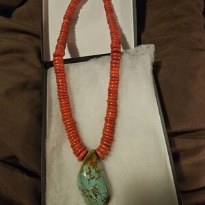 Handmade Red Coral Bead Necklace with Turquoise Pendant 18-20" In Length
